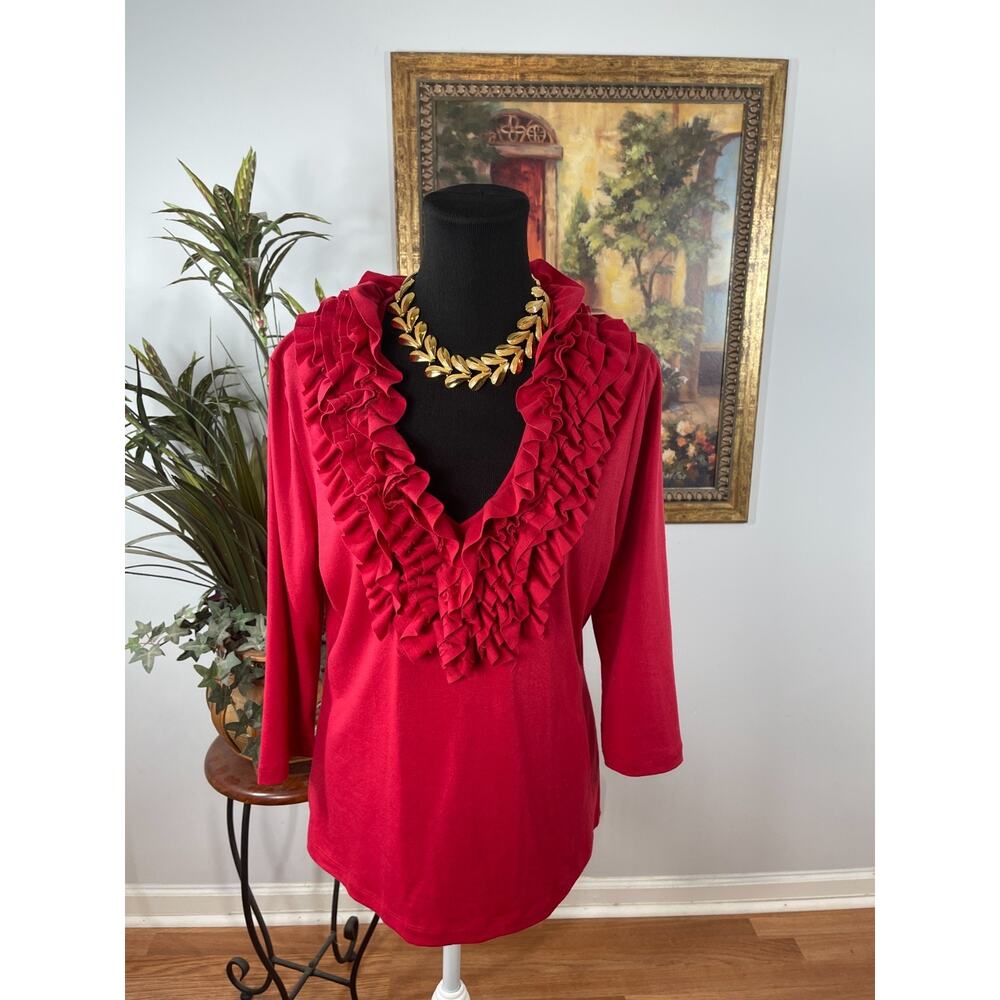 Colour Works Blouse Womens Large Red Ruffle V-Neck 3/4 Sleeve Glamcore Preppy